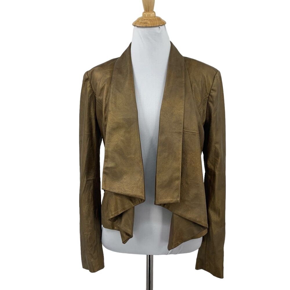 Cache Jacket Womens 0 Metallic Gold Open Front Waterfall Shoulder Pad Cropped